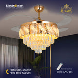 Luxara Chandelier Ceiling Fan (LXC-113) – S Gold with Transparent Blades & Crystal Lampshade