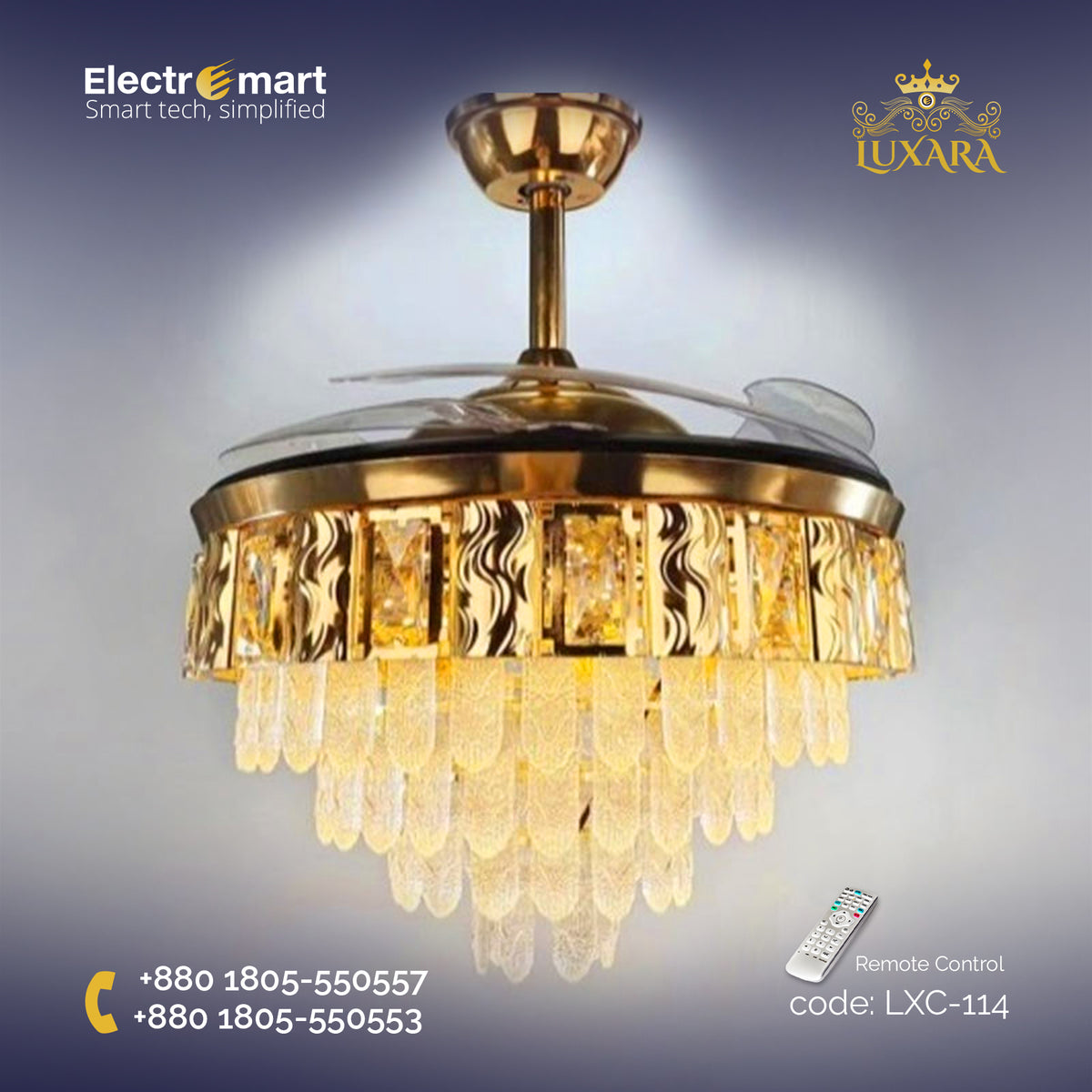 Luxara Chandelier Ceiling Fan (LXC-114) – S Gold with Transparent Blades & Crystal Lampshade