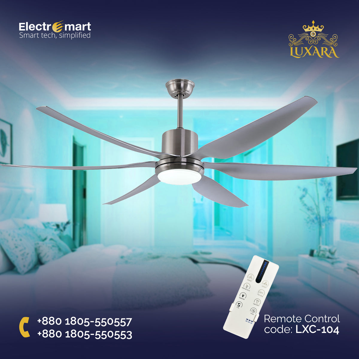 Luxara Cyclone 66" – Ultra-Sleek 6-Blades Performance Ceiling Fan with Integrated LED & High-Torque Motor (Brushed Silver Edition) LXC-104