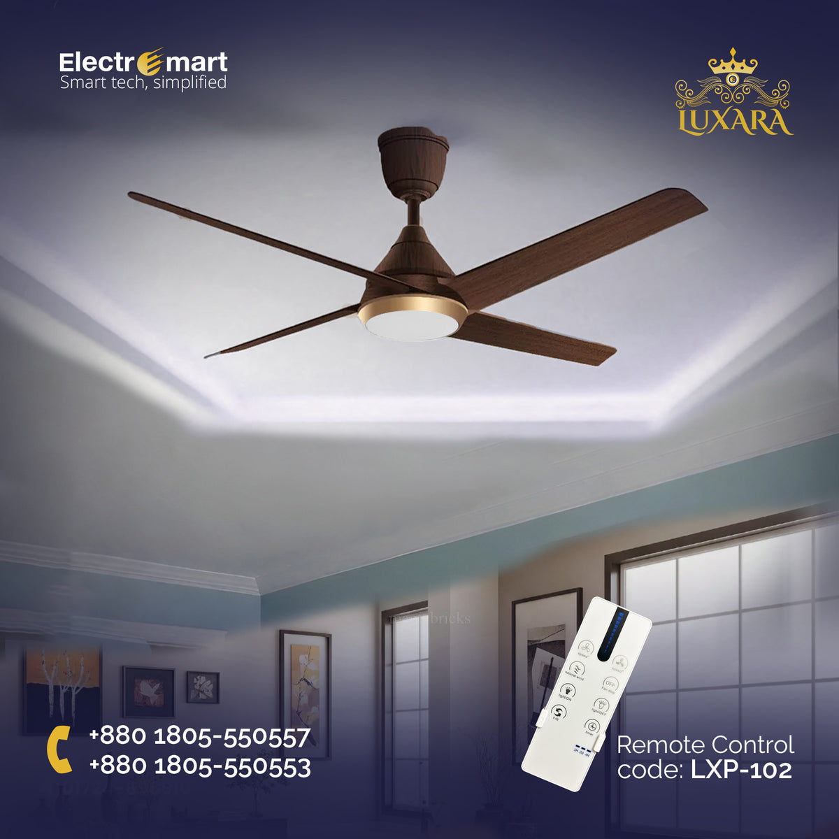 Luxara Prism 52" – Premium 4-Blades Smart DC Ceiling Fan with 3-Tone LED & Multi-Platform Smart Control (LXP-102)