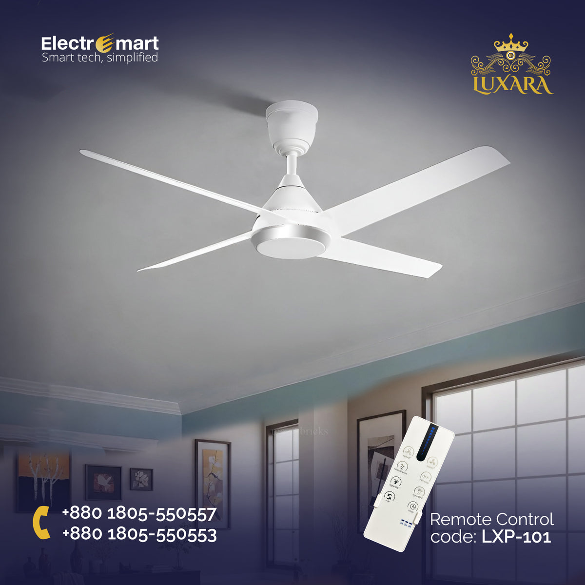 Luxara Prism 52" – Premium 4-Blades Smart DC Ceiling Fan with 3-Tone LED & Multi-Platform Smart Control (LXP-101)