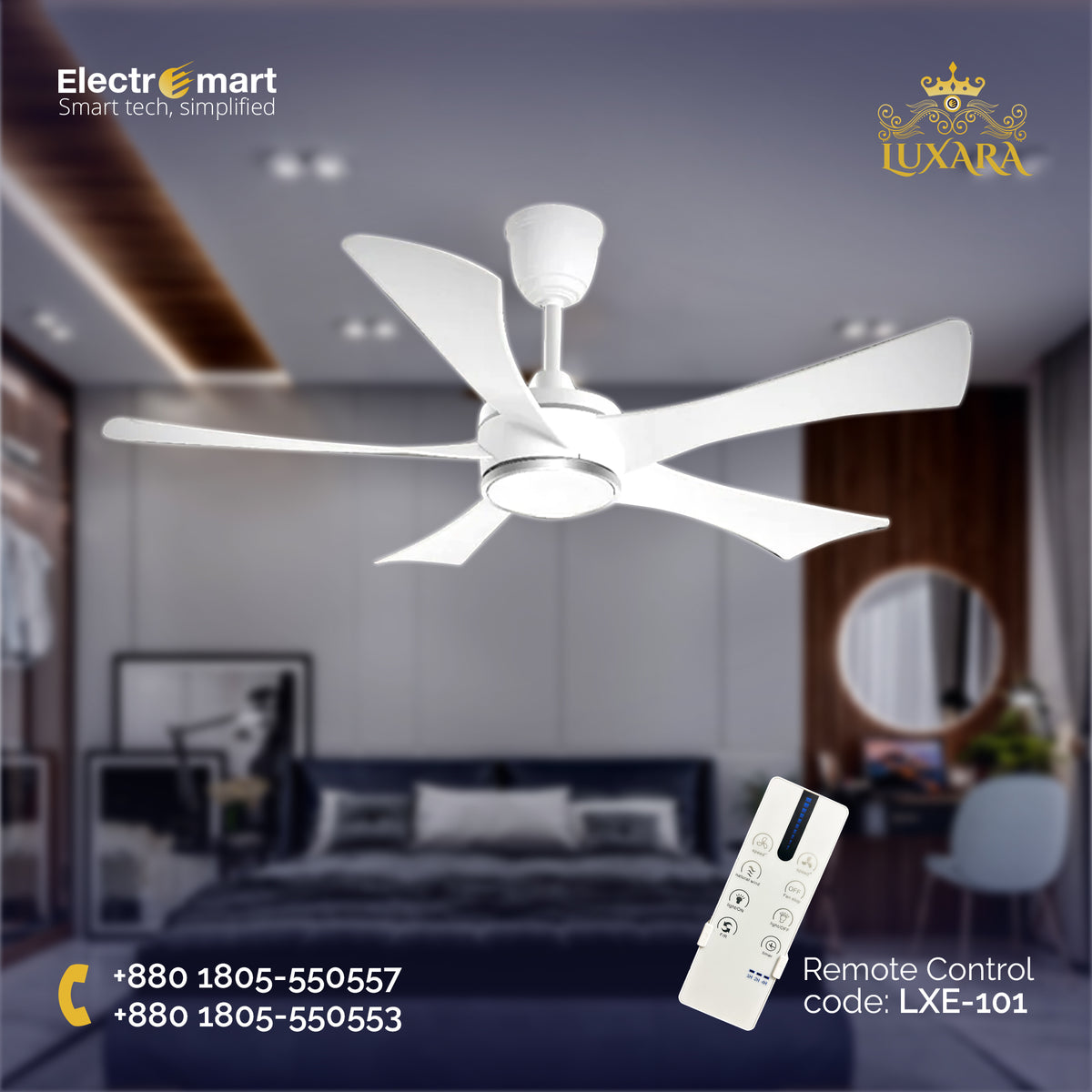 Luxara Elixir 52" – Ultra-Modern 5-Blades BLDC Ceiling Fan with 3CCT Smart LED & Remote Control (Arctic White Edition) LXE-101
