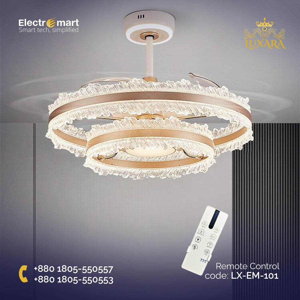 Luxara Empress Luxury Dual-Ring Crystal Chandelier Ceiling Fan, LX-EM-101