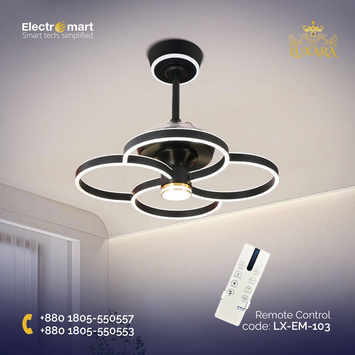 Luxara Empress Luxury Four-Ring Chandelier Ceiling Fan ,LX-EM_103(Black color)