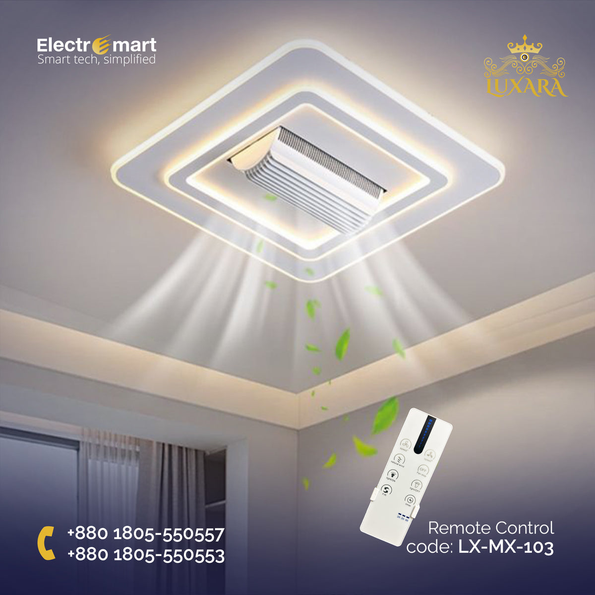 Luxara Matrix – Modern Geometric Flush Mount Ceiling Fan with Multi-Tier LED Lighting. (Square,LX-MX-103)