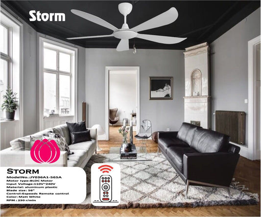 Storm 56" Smart Ceiling Fan (Matt White, 5 Blades) – BLDC Motor 6-Speed Remote Control Ceiling Fan