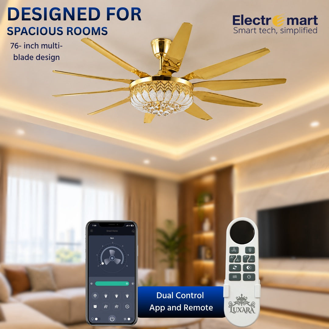 Luxara Lumina 76" 10-Blade Crystal Chandelier Ceiling Fan with Dimmable LED Under-Light & Digital Display Remote