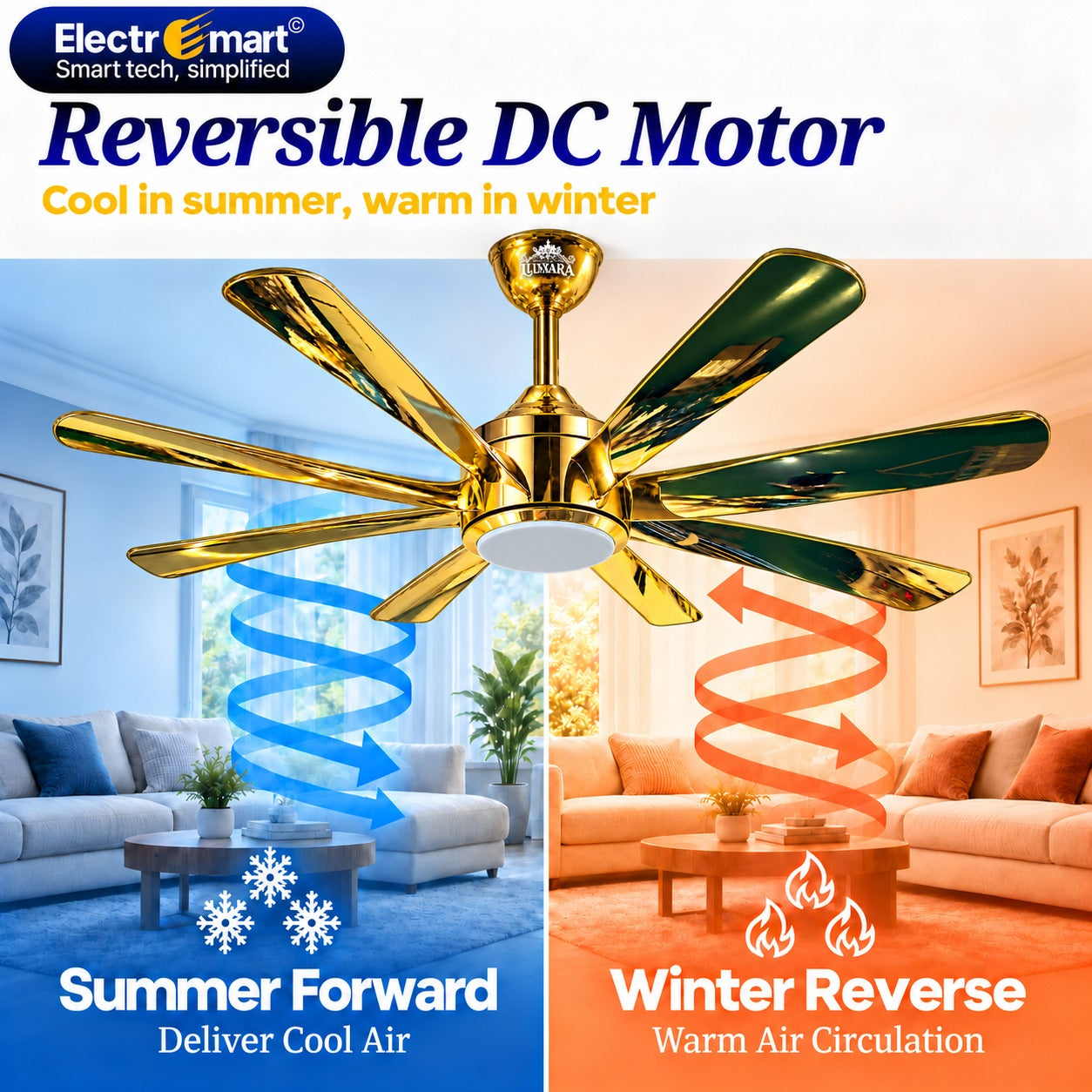 Reversible DC motor ceiling fan bd summer cool air and winter warm circulation - Luxara 8 blade