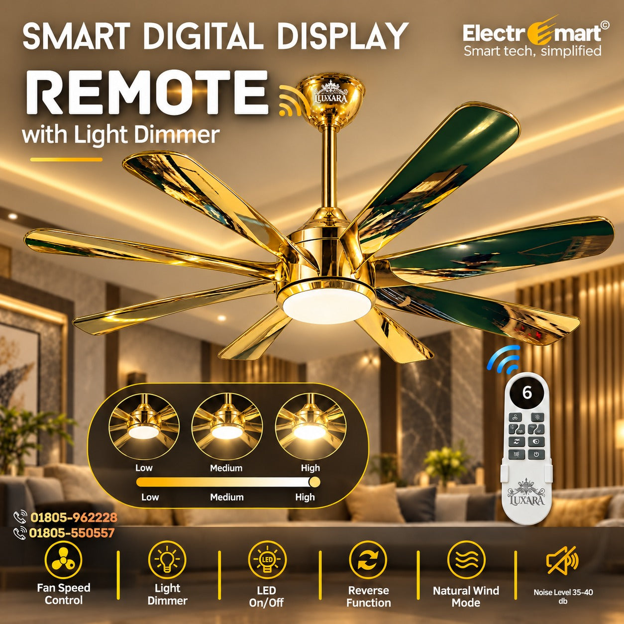 Luxury ceiling fan with dimmable tri-color LED light bd - Luxara Grandeur 62 inch BLDC fan