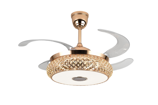 Chandelier Ceiling Fan – Breeze Lux 4 Blade 48" with Crystal Lampshade & Remote (BL-106, S-Gold, Transparent Blades, 96W LED)