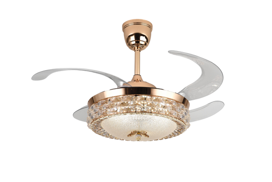 Chandelier Ceiling Fan – Breeze Lux 4 Blade 48" with Crystal Lampshade & Remote (BL-107, S-Gold, Transparent Blades, 96W LED)