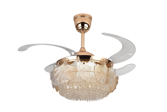 Chandelier Ceiling Fan – Breeze Lux 4 Blade 48" with Crystal Lampshade & Remote (BL-109, S-Gold, Transparent Blades, 96W LED)