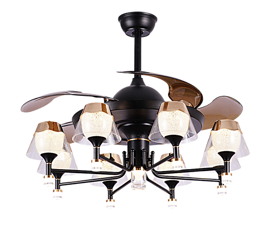 Chandelier Ceiling Fan – Breeze Lux 4 Blade 48" with LED Light & Remote (BL-131, Black & Gold, Coffee Blades)