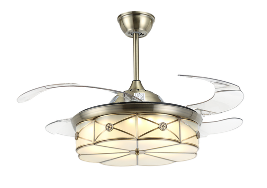 Chandelier Ceiling Fan – Breeze Lux 4 Blade 48" with Glass Lampshade & Remote (BL-135, Antique Bronze, Transparent Blades)