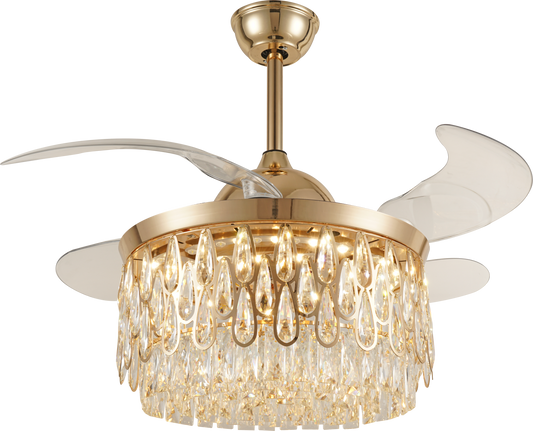 Chandelier Ceiling Fan – Breeze Lux 4 Blade 48" with LED Light & Remote (BL-145, S-Gold, Transparent Blades, Crystal Lampshade)