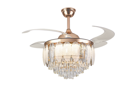 Chandelier Ceiling Fan – Breeze Lux 4 Blade 48" with Crystal Lampshade & Remote (BL-147, Gold, Transparent Blades)