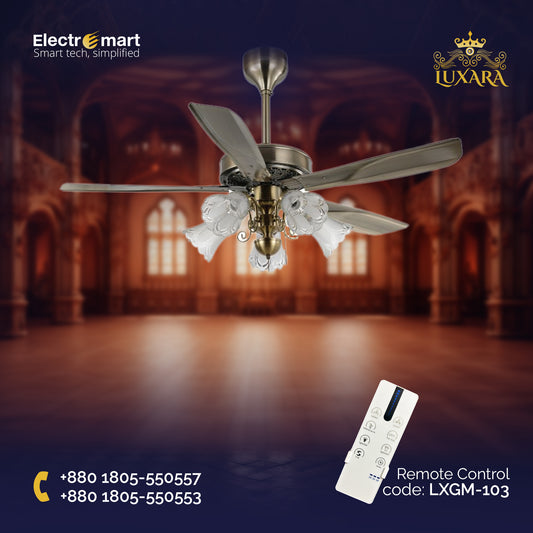 Luxara Grand Majestic 5 Blades 52" Luxury Ceiling Fan with Handcrafted Floral Glass LED Light & BLDC Motor – Antique Brass Finish, LX-GM-103