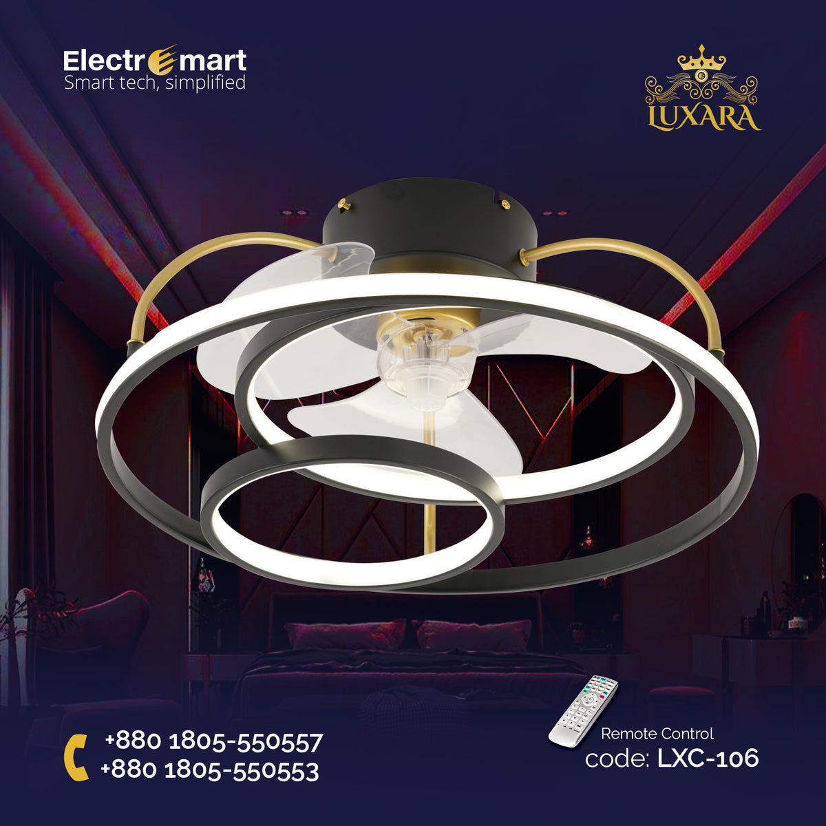 Luxara 360° Rotating Ceiling Fan (LXC-106) – Black & Gold with Transparent Blades