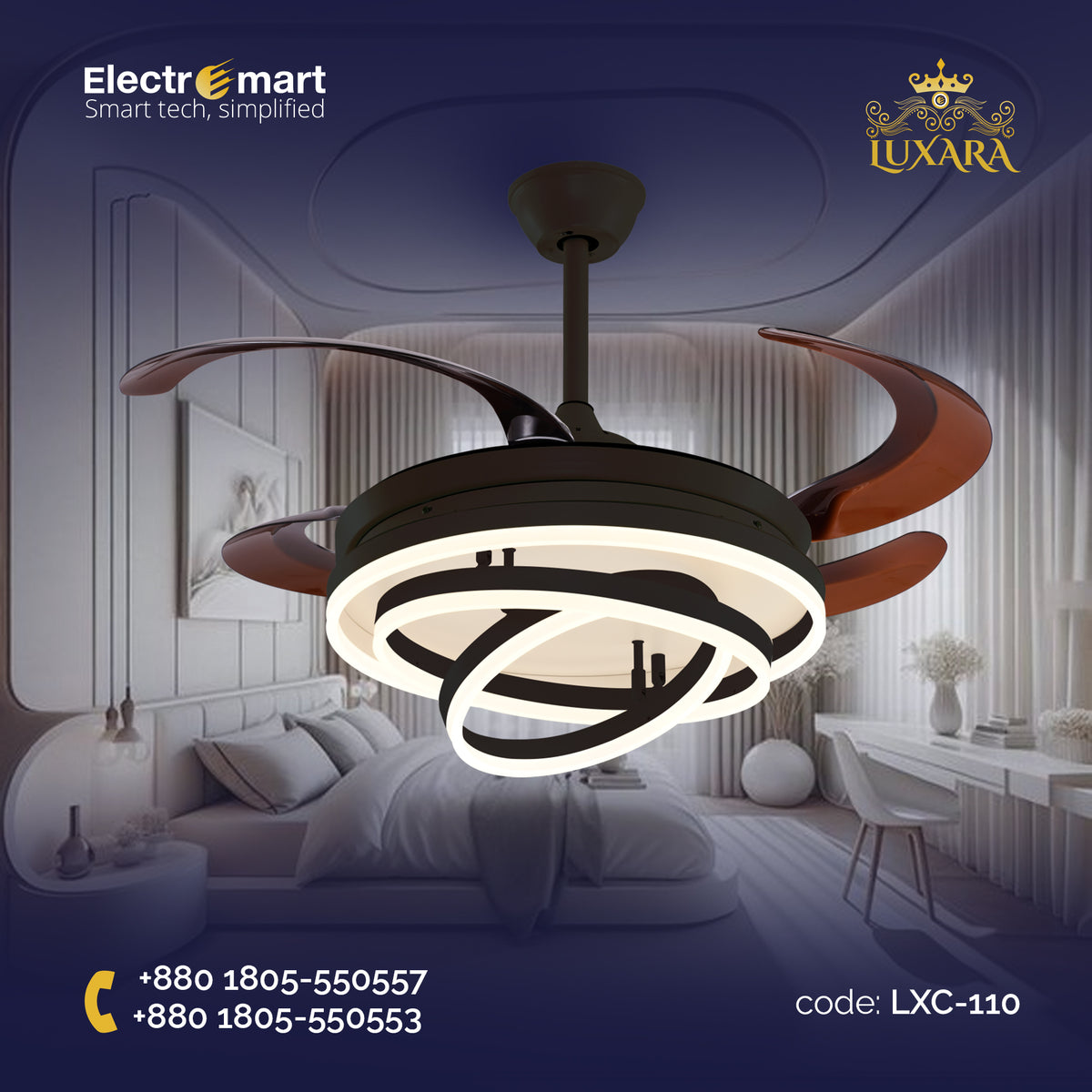 Luxara-Chandelier-Ceiling-Fan-4-Blade-with-LED-Light-&-Remote-(LXC-110,-Black-&-Coffee)