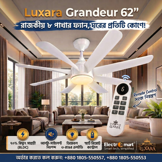 Luxara Grandeur 62 inch 8 blade ultra silent BLDC ceiling fan with dimmable LED light in modern living room