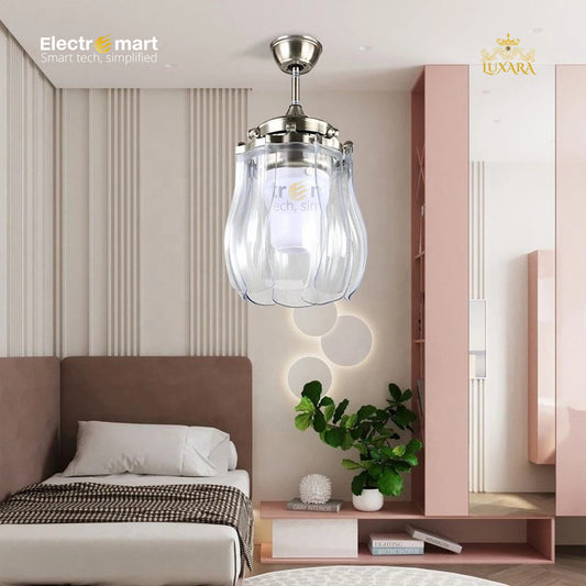 Luxara Chandelier 42" – Elite 8-Blades DC Ceiling Fan with Crystal-Inspired LED & Smart Remote (Sand Nickel Finish with Transparent Blades) LXC-101
