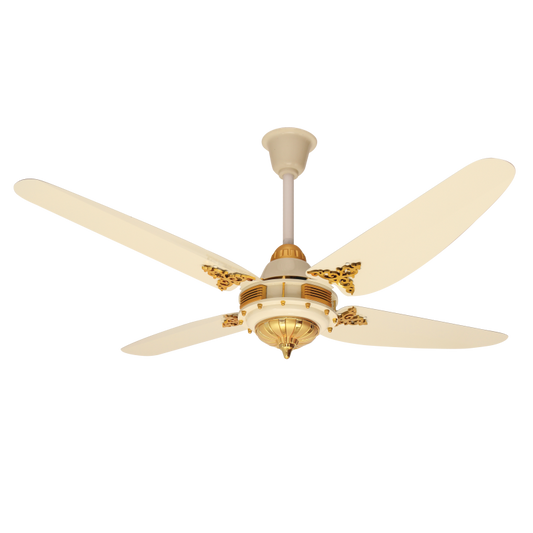 PARWAZ 56" Fortune Ceiling Fan (Off White with Golden) – 99.99% Copper Motor | 330 RPM High-Speed | Elegant Pakistani 4-Blade Ceiling Fan