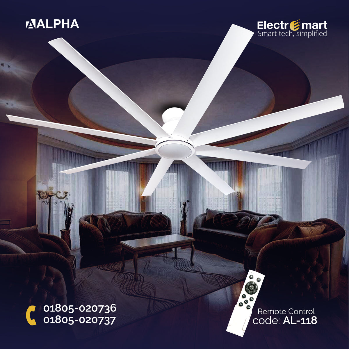 Alpha WindPro 72" Ceiling Fan – Modern DC Motor | Ultra-Wide Airflow